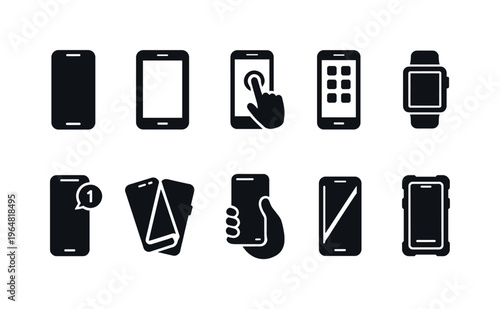 Collection of modern smartphone and smartwatch icons with various actions and states