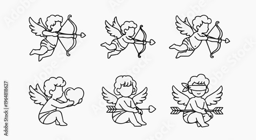 Adorable Cupids in Various Poses, perfect for Valentine's Day and expressions of love. These charming illustrations feature cupids with bows and arrows, hearts, and other symbolic elements