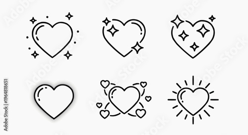 A set of six outline heart icons, each with a unique design and embellishments, against a clean backdrop