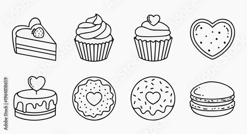 A collection of delightful sweets, including cake slices, cupcakes, cookies, donuts, and macarons. This illustration evokes a sense of sweetness and celebration
