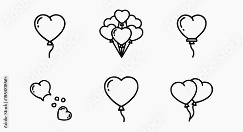 Heart balloons icon set illustration. The illustration includes six different heart balloons of varying styles