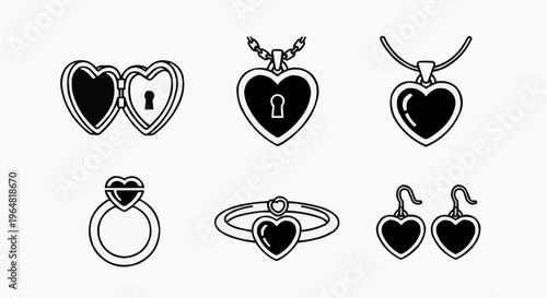 A collection of heart-shaped jewelry, including a necklace, ring and earrings
