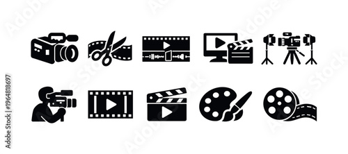 Collection of black video production and filmmaking icons on a white background