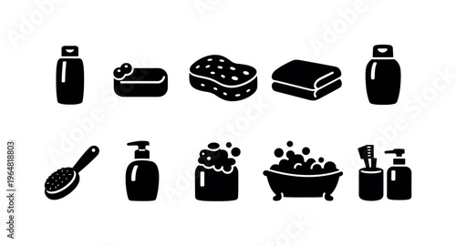 Collection of simple black icons representing bath and hygiene essentials