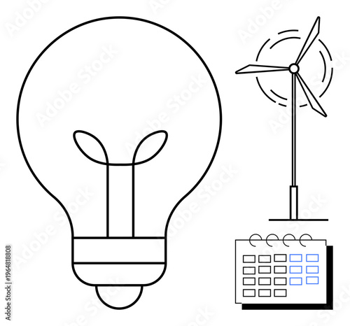 Renewable energy, sustainability, eco-planning, efficient power, green technology, innovation. A light bulb with plant, wind turbine and calendar. Renewable energy and sustainability ion
