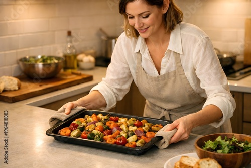 Happy woman prepare fresh roast vegetable dish dinner at home kitchen counter, healthy food
