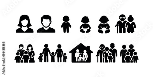 Collection of diverse family and people icons representing different generations and structures