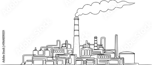 Drawing of an industrial plant or factory with a chimney in one line art style.
