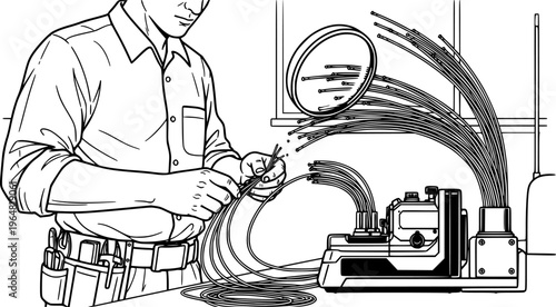 Fiber optic technician man splicing high speed internet cables vector icon
