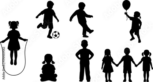 Kids silhouette vector illustration showing multiple children in playful and standing poses. Ideal kid set for educational designs, websites, or creative projects requiring children themed visuals 