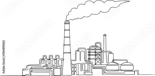Drawing of an industrial plant or factory with a chimney in one line art style.
