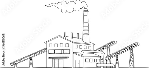 Drawing of an industrial plant or factory with a chimney in one line art style.

