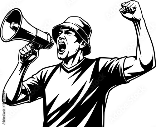 Soccer Ultra Fan with Megaphone and Bucket Hat Cheering Vector
