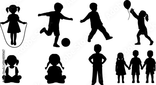 Kids silhouette vector illustration showing multiple children in playful and standing poses. Ideal kid set for educational designs, websites, or creative projects requiring children themed visuals 