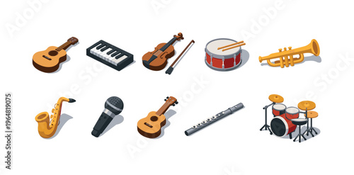 Collection of isometric musical instruments and audio equipment on a white background