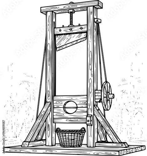 Vintage Guillotine Execution Device Hand Drawn Etching. French Revolution, Black & White Outline Line Art, History, & Justice Graphic.
