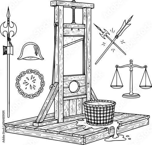 Vintage Guillotine Execution Device Hand Drawn Etching. French Revolution, Black & White Outline Line Art, History, & Justice Graphic.
