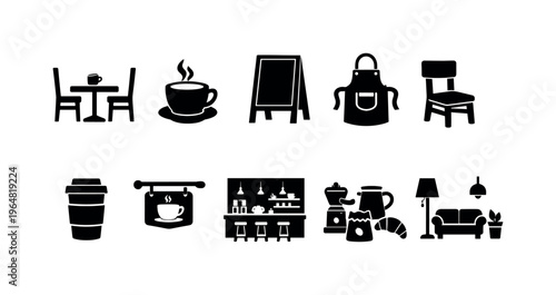 Collection of simple black icons representing cafe elements and coffee shop ambiance