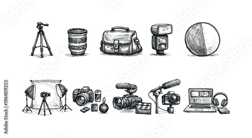 Collection of hand-drawn photography and videography equipment for content creation