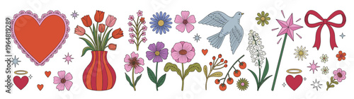Whimsical romantic spring graphic elements set: hearts, diverse flowers, peaceful dove, magic wand, ideal for Valentine's Day, Mother's Day cards, invitations, isolated on white