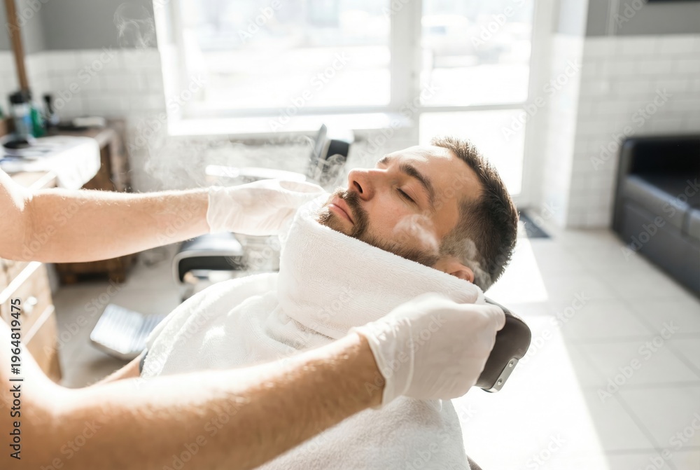Fototapeta premium Barber applying a steaming hot towel to the face of a male client in a barbershop