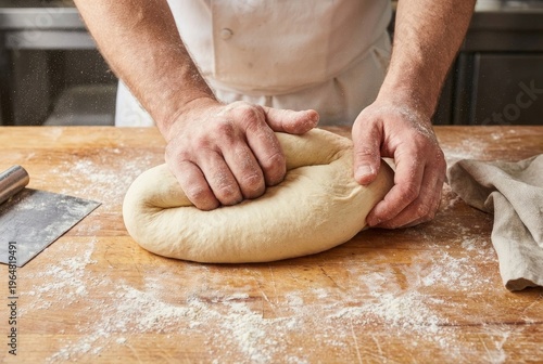 Hands of a baker firmly kneading a large piece of fresh dough on a floury wooden board