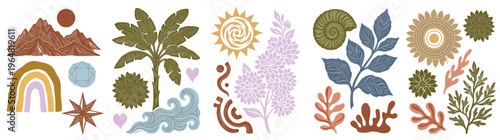 Boho Abstract Nature Elements Set Isolated on White for Summer Travel Design, Tropical Botanical Illustrations, Earthy Tones, and Hand-Drawn Decorative Graphics