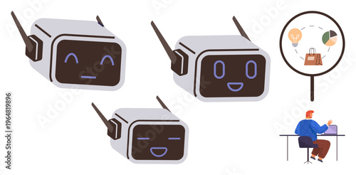 Artificial intelligence, robotics, data analysis, customer research, emotional responses, technology applications. Multiple robot faces display emotions, and a person works beside data visualization