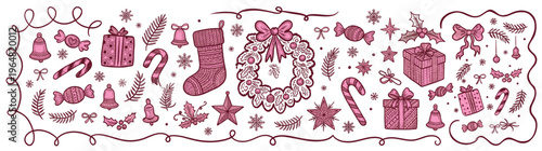 Festive Hand-Drawn Christmas Holiday Elements Banner with Pink Decorations, Gifts, Wreath, Stocking, Candy Canes, and Bells, Perfect for Winter Season Design isolated on white