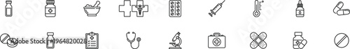 Medical healthcare icons set, medicine pharmacy hospital equipment with syringe pill capsule thermometer stethoscope bandage bottle microscope outline vector illustration isolated on transparent backg
