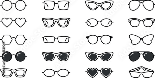 Eyeglasses and sunglasses outline icons set, fashion eye wear frames with round square heart cat eye aviator styles vector illustration isolated on transparent background