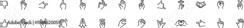 Hand gesture icons set, finger signs symbols with pointing thumbs peace victory ok handshake heart communication outline vector illustration isolated on transparent background