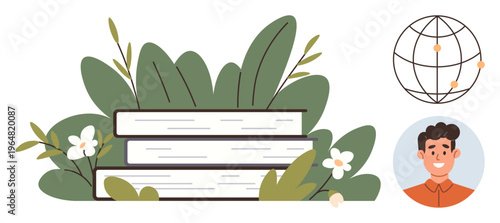 Education, online learning, global knowledge, personal development, environmental sustainability, self-study. Stacked books, a globe and a smiling person. Education and online learning theme
