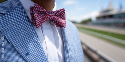 mens fashion photography, natural light highlights a stylish man in a blue seersucker suit, red bowtie, and derby attire, with a focus on fabric texture and a blurry track backdrop