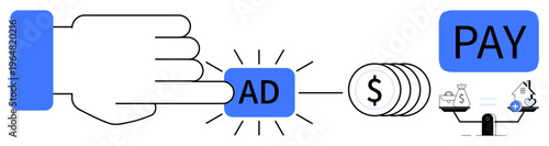 Pay per click advertising. Pay per click ed by hand pressing an ad button, payment process with coins, and balancing ROI. Pay per click relevant for marketing, online ads, finances, user engagement
