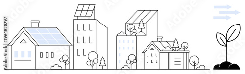 Renewable energy, eco-architecture, sustainability, environmental conservation, green living, urban design. Buildings with solar panels and a growing plant. Renewable energy and eco-architecture