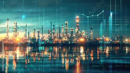 Oil price graph of the energy market showing rising energy shortage crisis the effect from U.S.-Israel war on Iran. with petrochemical refinery towers background.	