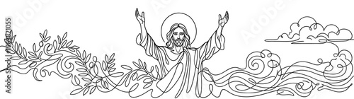 Divine Jesus Christ with halo and raised hands, surrounded by flowing olive branches, water waves, and clouds, symbolizing spiritual ascension, peace, and hope, isolated on white