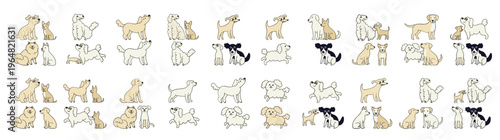 Adorable cartoon dogs and puppies in various playful poses, a charming collection of vector illustrations perfect for pet-related designs, isolated on white background