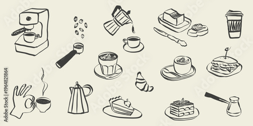 Coffee and brunch doodle icons for cafe menu design. Italian breakfast sketch with croissant, espresso cup and fresh pastries in retro line art style. Chalk vector illustration