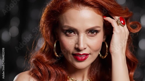 Closeup portrait of woman with red hair, red lipstick, and gold jewelry