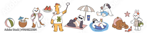 Adorable cartoon animal characters enjoying a fun summer beach vacation, including a giraffe taking a selfie, a panda sunbathing, and a dog relaxing, isolated on white