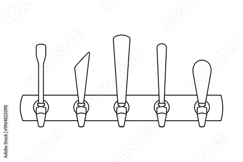 Row of draught beer taps on the bar at a pub or restaurant outline vector