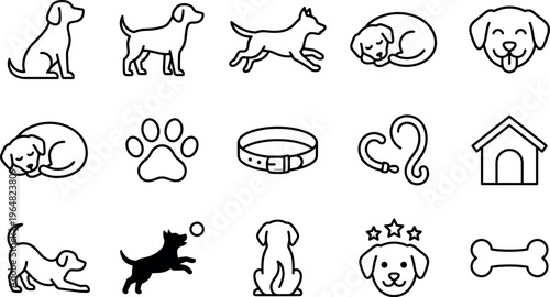 Dog and pet outline icons set, puppy canine paw collar leash kennel bone play sleep run companion vector illustration isolated on transparent background