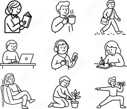 People daily activities collection, reading coffee walking working laptop listening music writing relaxing gardening exercise outline icons vector set isolated on transparent background