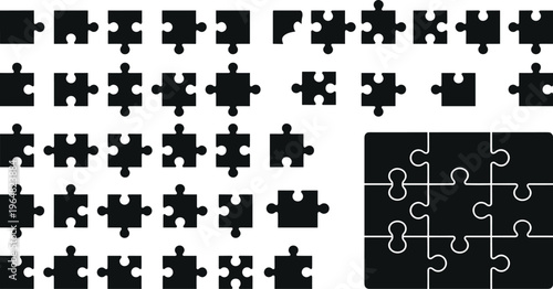 Jigsaw puzzle pieces set, game puzzle piece shapes connection assemble solution logic icons vector illustration isolated on transparent background