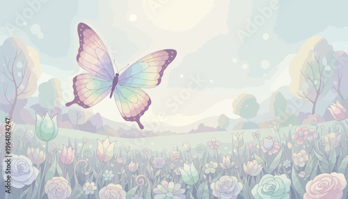 A radiant butterfly soars gracefully over a tranquil pastel landscape, bathed in soft, ethereal light, creating a dreamy and whimsical natural scene