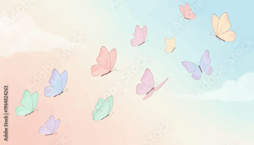 Gentle pastel butterflies gracefully fluttering across a soft, dreamy gradient sky, evoking feelings of peace, freedom, and tranquil beauty. A serene nature illustration perfect for backgrounds
