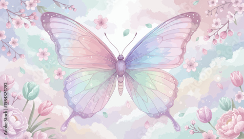 Ethereal pastel butterfly soars gracefully amidst a dreamy watercolor canvas, adorned with soft spring blossoms and delicate floral patterns, embodying serenity and gentle beauty