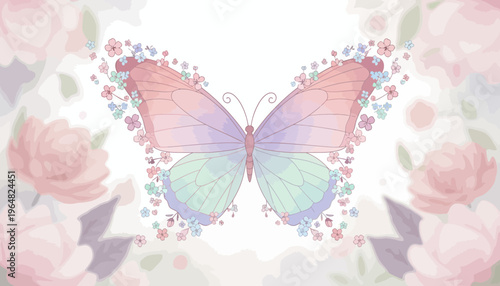 Delicate Butterfly with Floral Wings and Soft Pastel Background